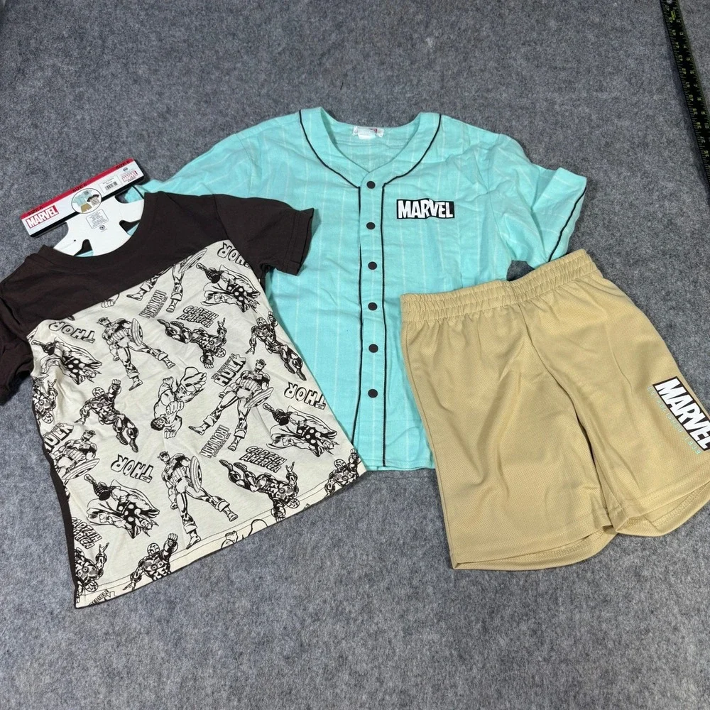 Marvel Avengers Kids 3-Piece Set Baseball Jersey T-Shirt Mesh Shorts Size 6